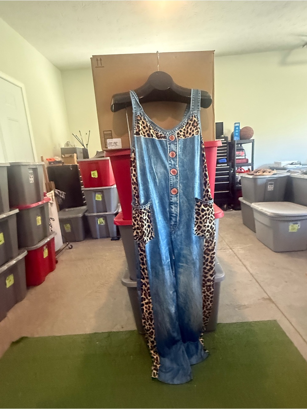 Denim-Style Maxi Dress with Leopard Trim - Blue p48